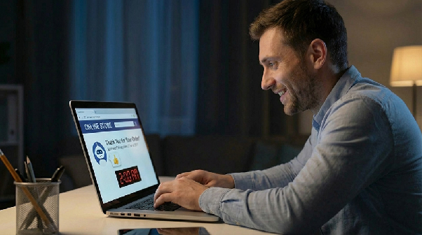 Klient sklepu internetowego, który w nocy realizuje zamówienie z pomocą supportu AI.